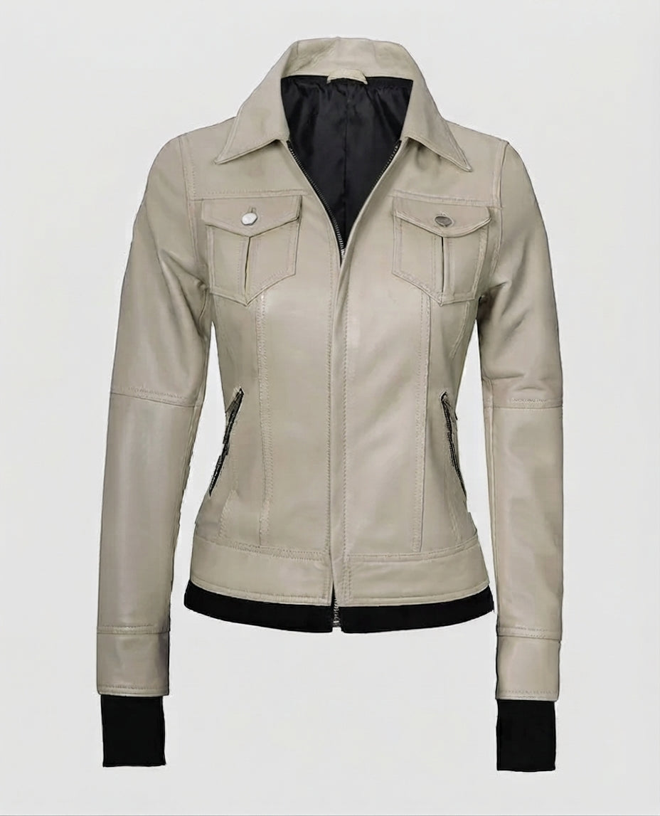 Women's Beige Bomber Leather Jacket with Hood – Custom Fit