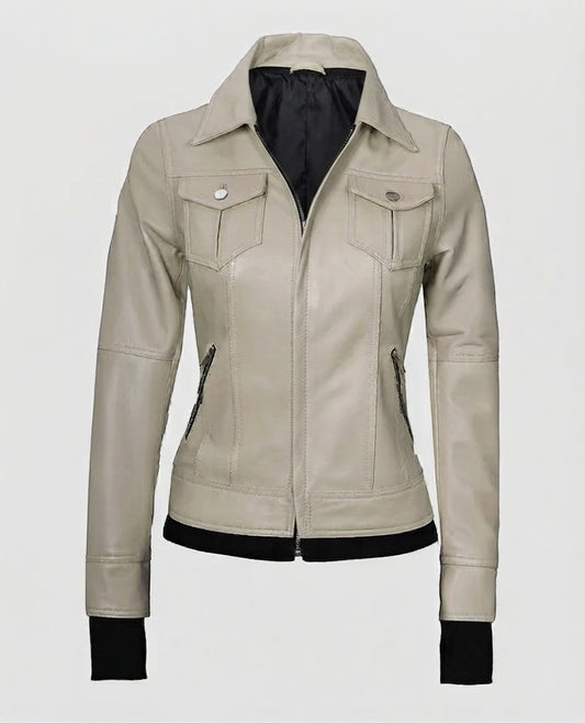 Women's Beige Bomber Leather Jacket with Hood – Custom Fit