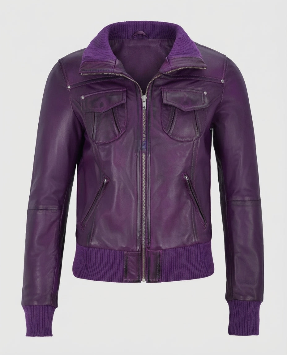 Women's Aviator Purple Bomber Leather Jacket – Custom Fit