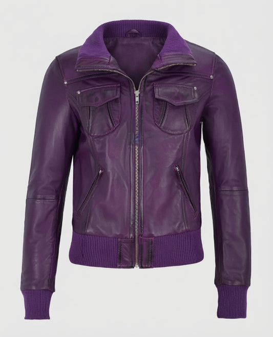 Women's Aviator Purple Bomber Leather Jacket – Custom Fit