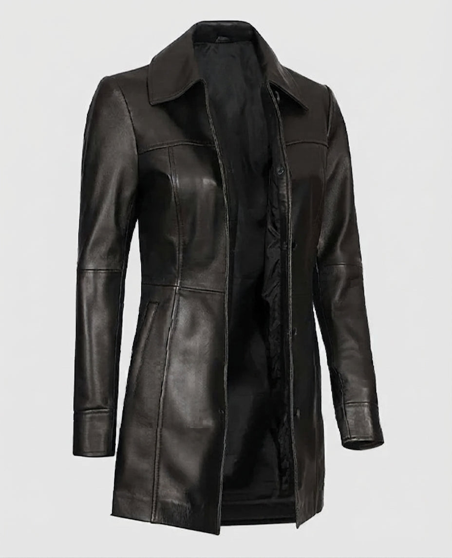 Women's Black Leather Long Coat – Custom Fit | Genuine Leather
