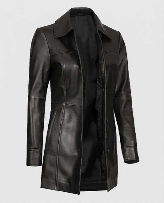 Women's Black Leather Long Coat – Custom Fit | Genuine Leather