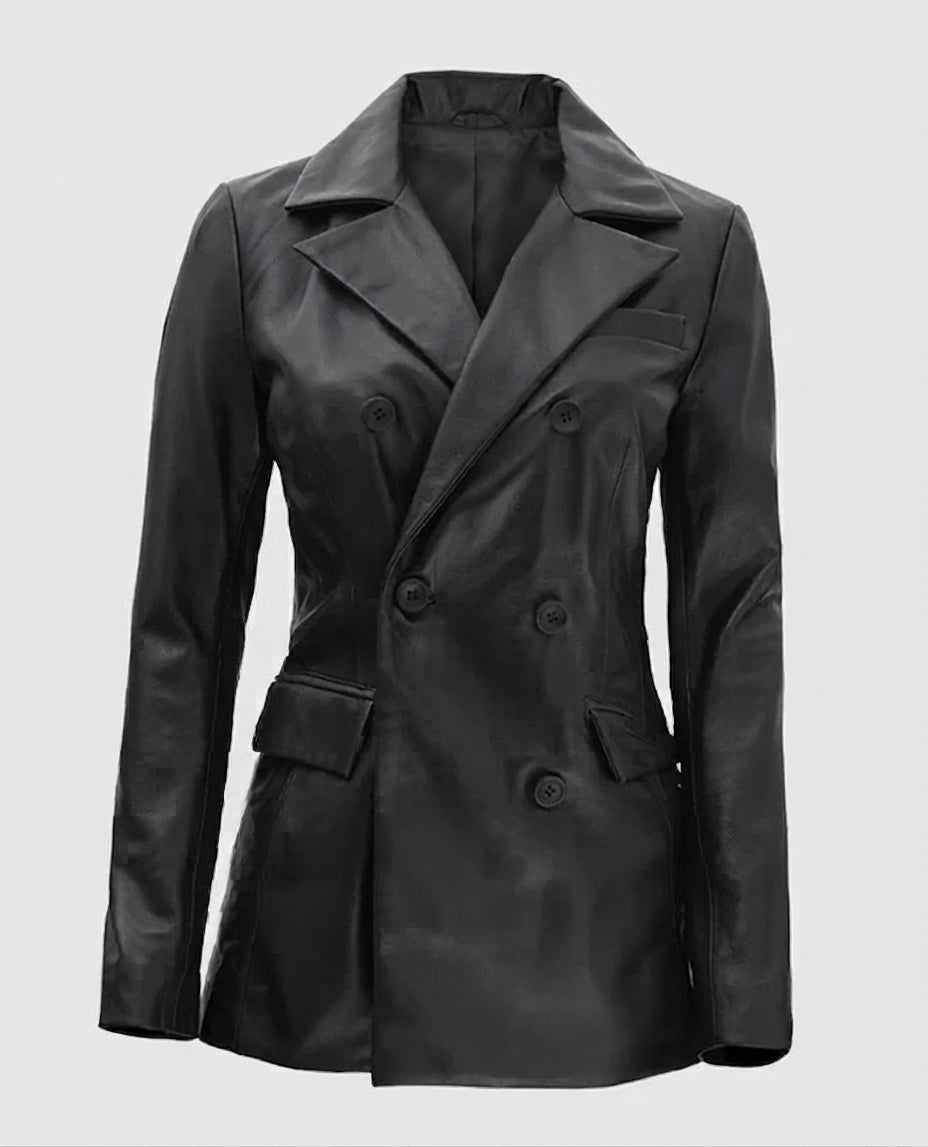 Women's Double Breasted Black Leather Blazer – Premium Outerwear