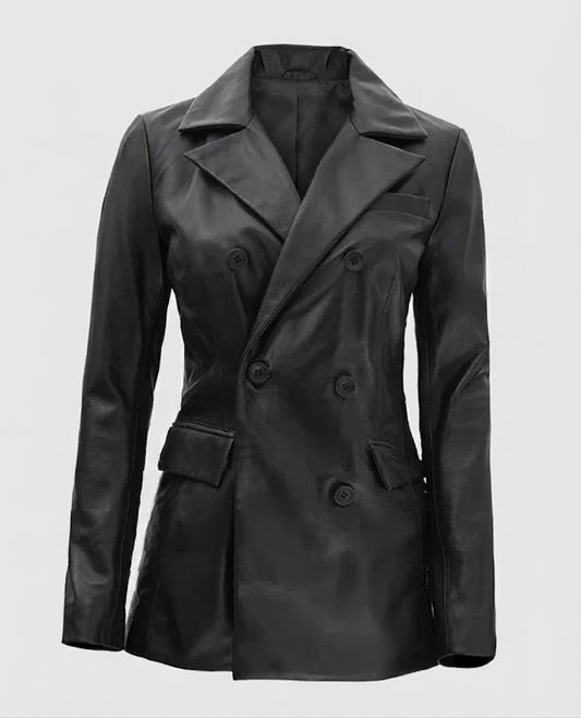 Women's Double Breasted Black Leather Blazer – Premium Outerwear