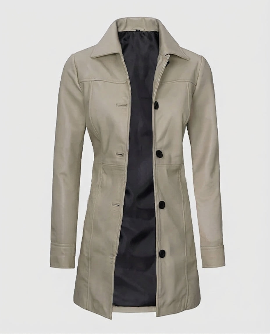 Women's Biege Beige Leather Coat – Custom Fit | Genuine Leather