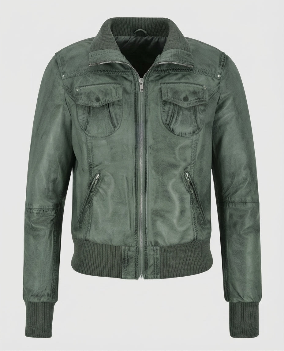 Women's Aviator Grey Bomber Leather Jacket – Custom Fit