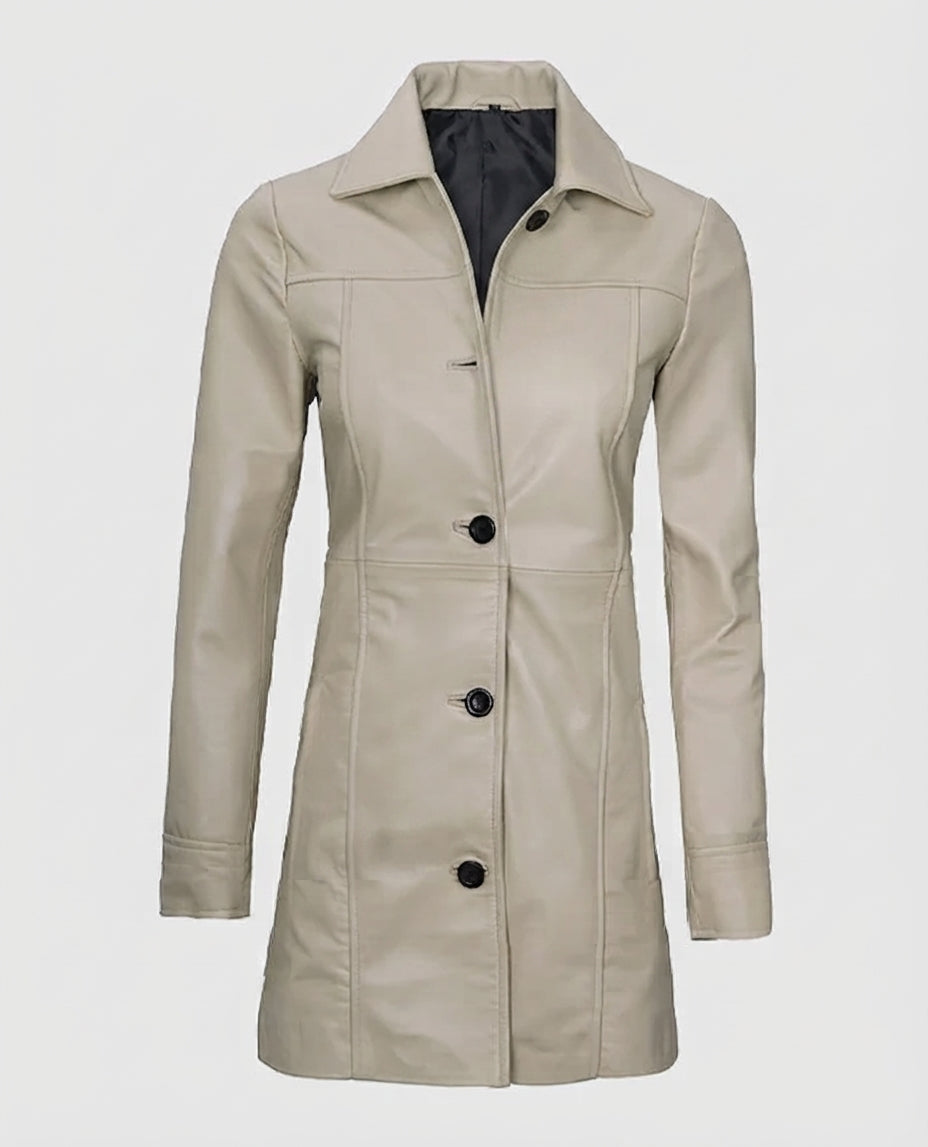 Women's Biege Beige Leather Coat – Custom Fit | Genuine Leather