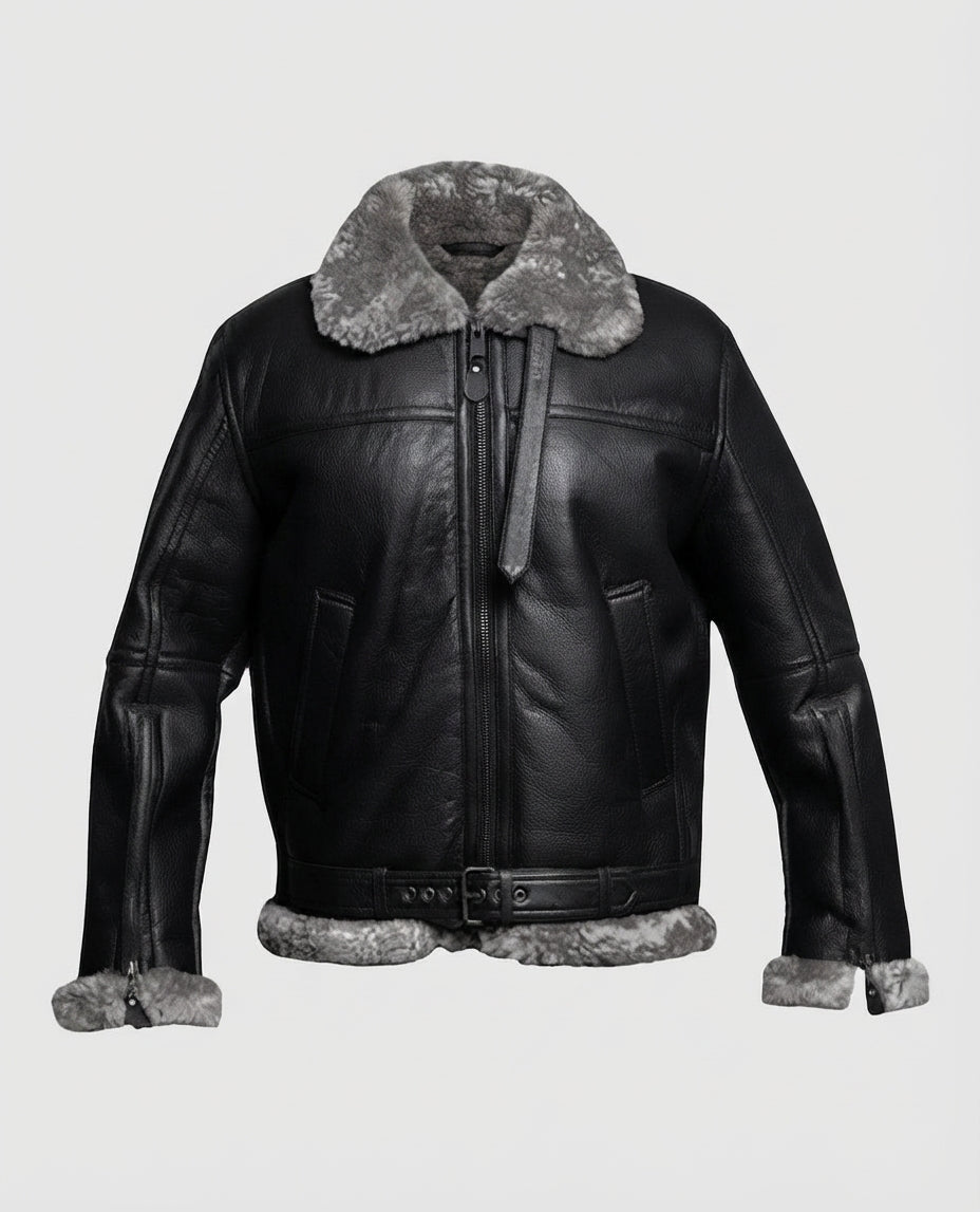 Women's Fur Aviator Flying Pilot Bomber Black Leather Jacket