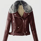 Women's Faux Fur Quilted Moto Maroon Leather Jacket
