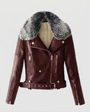 Women's Faux Fur Quilted Moto Maroon Leather Jacket