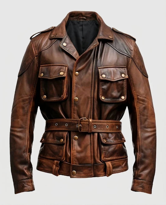 Men's Military Style Vintage Distressed Brown Leather Jacket