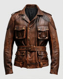 Men's Military Style Vintage Distressed Brown Leather Jacket