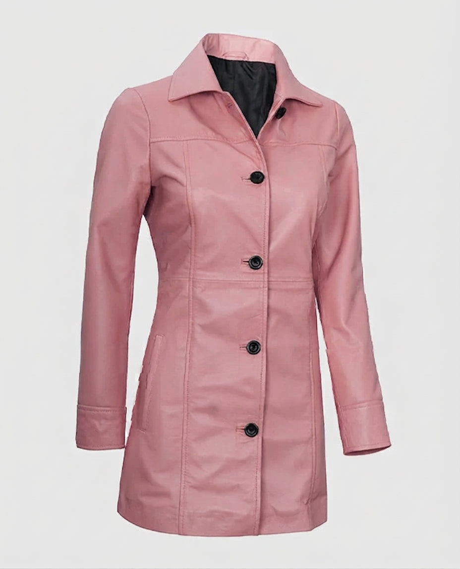 Women's Pink Leather Coat – Premium Outerwear – Custom Fit