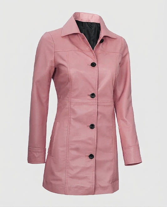 Women's Pink Leather Coat – Premium Outerwear – Custom Fit