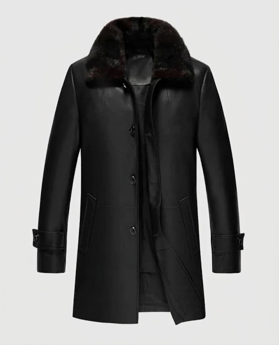 Men's Premium Black Leather Coat with Shearling Collar