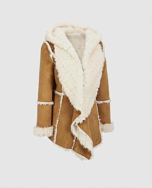 Women's Brown Fur Suede Overcoat with Hood Jacket – Custom Fit