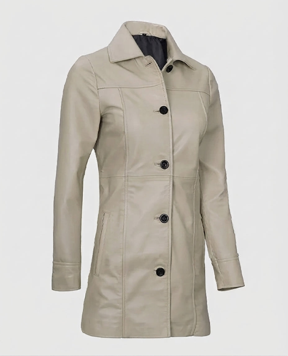 Women's Biege Beige Leather Coat – Custom Fit | Genuine Leather