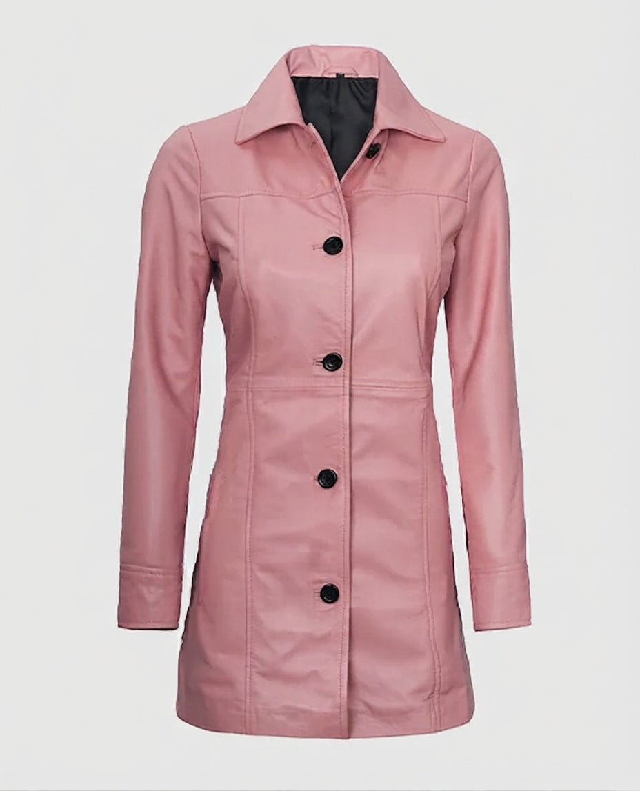 Women's Pink Leather Coat – Premium Outerwear – Custom Fit