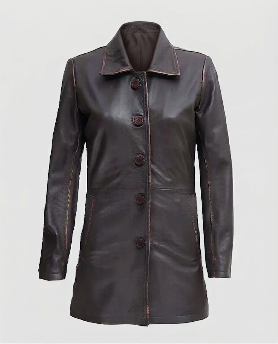 Women's Distressed Dark Brown Leather Coat – Premium Outerwear