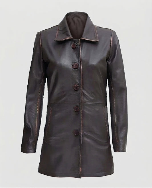Women's Distressed Dark Brown Leather Coat – Premium Outerwear