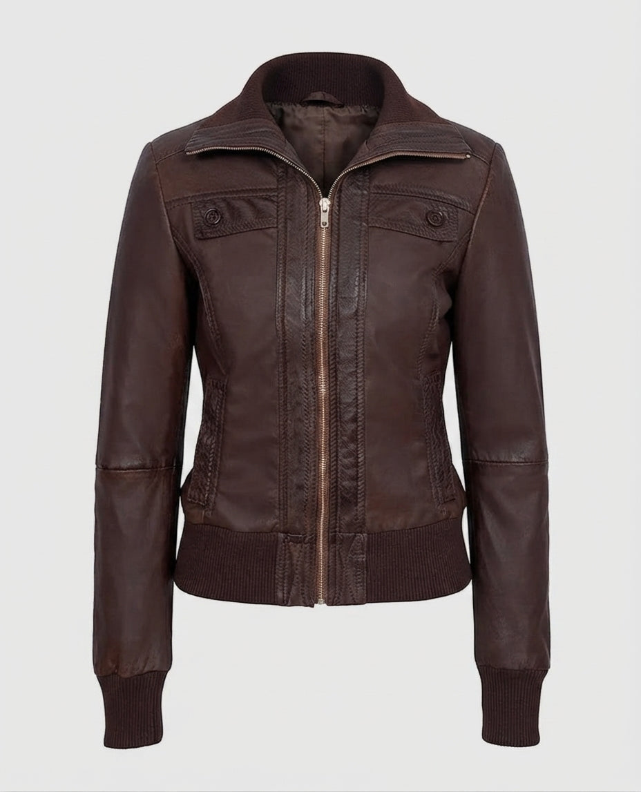 Women's Bomber Brown Leather Jacket – Custom Fit | Genuine Leather