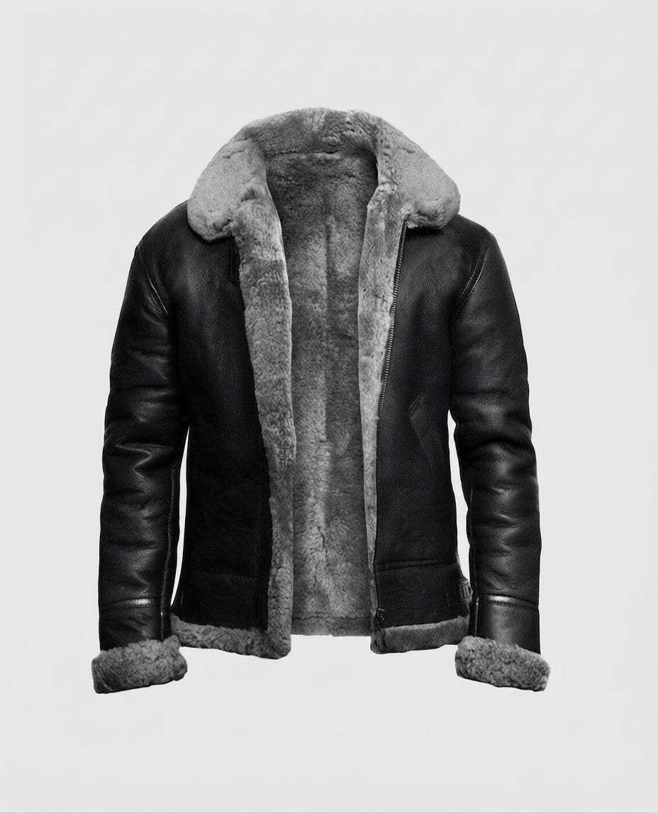 Women's Fur Aviator Flying Pilot Bomber Black Leather Jacket
