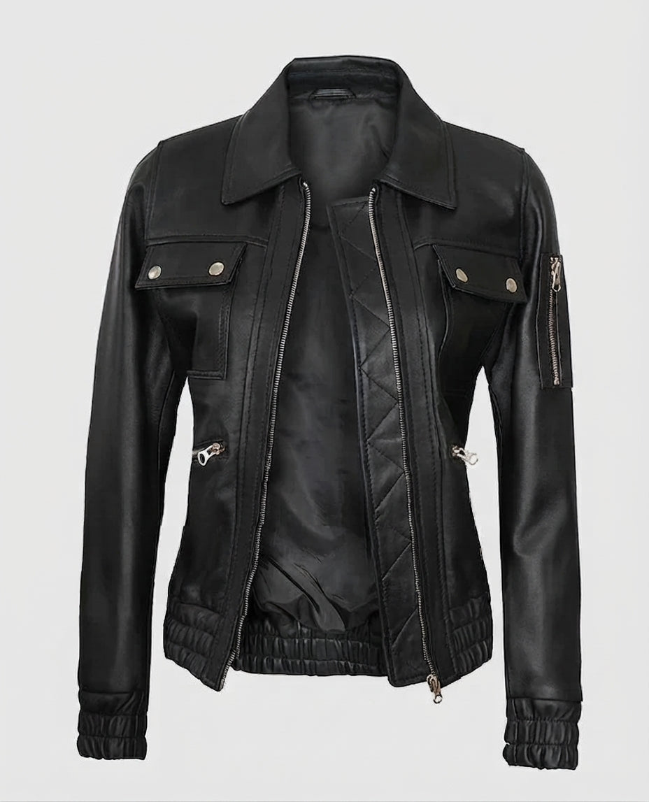 Evelyn Women's Classic Black Leather Bomber Jacket