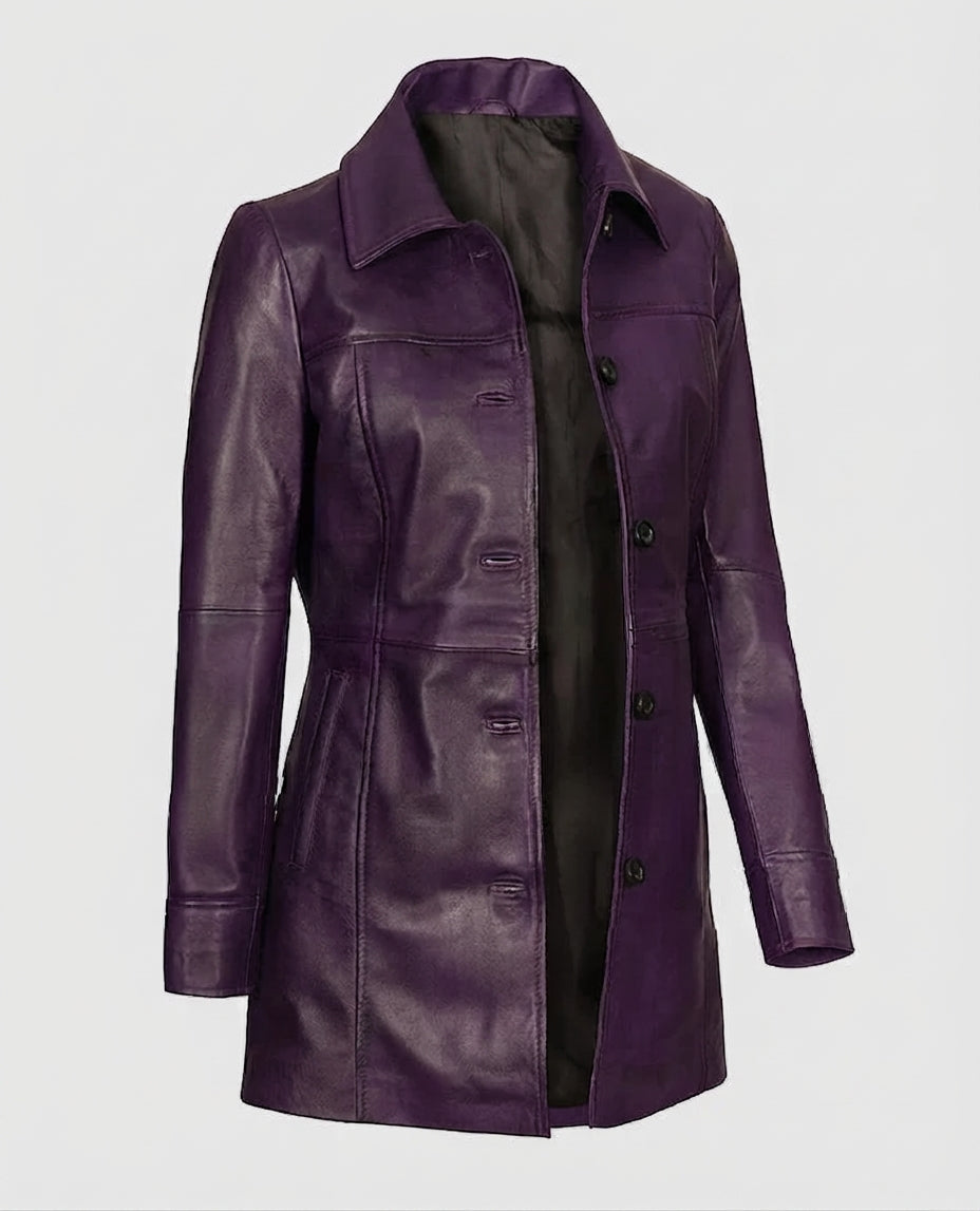 Women's Mid-Length Leather Purple Coat – Custom Fit
