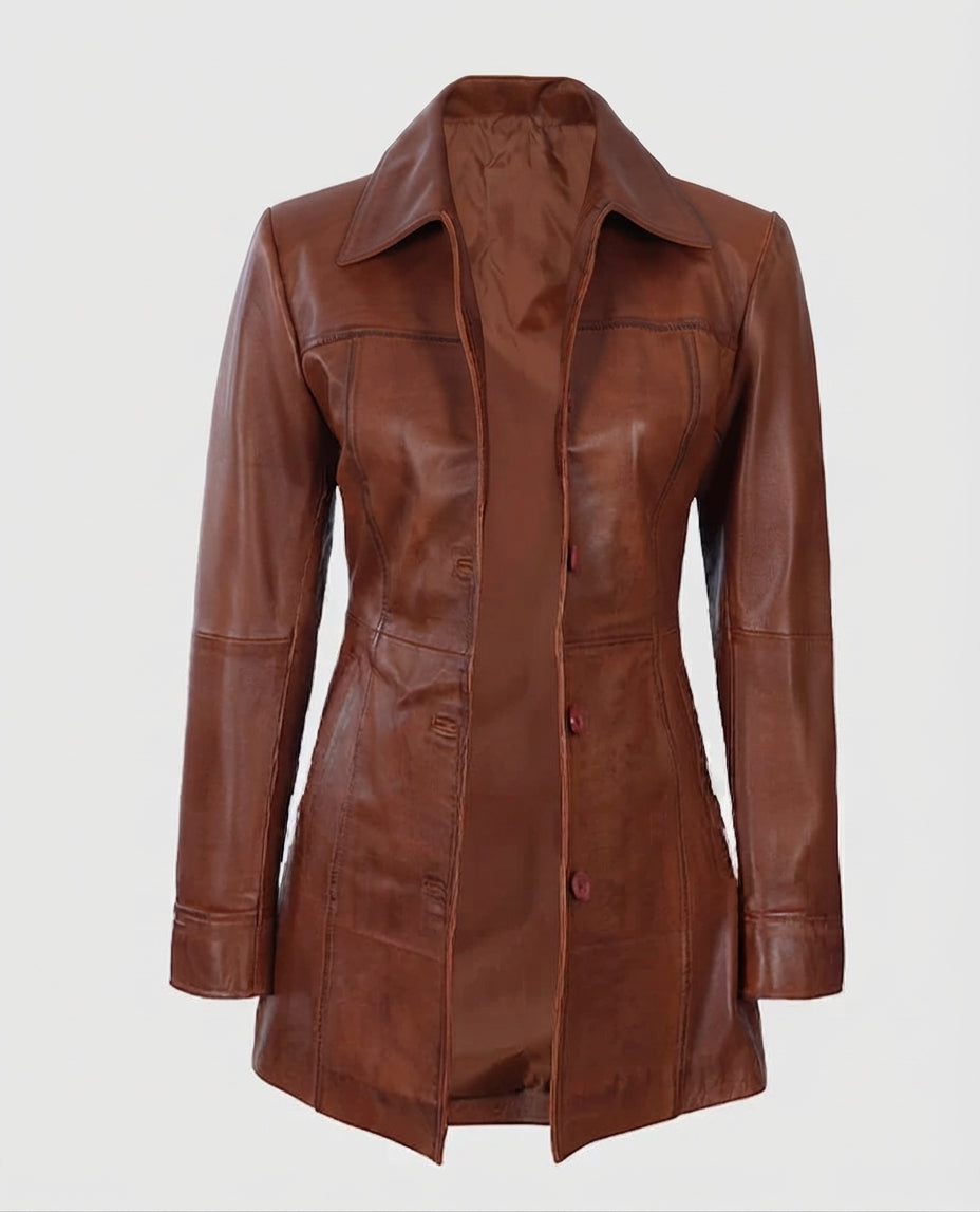 Women's Cognac Brown Leather Coat – Premium Outerwear