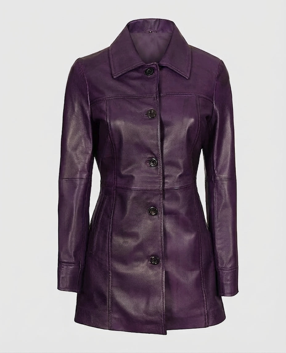 Women's Mid-Length Leather Purple Coat – Custom Fit