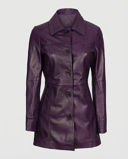 Women's Mid-Length Leather Purple Coat – Custom Fit