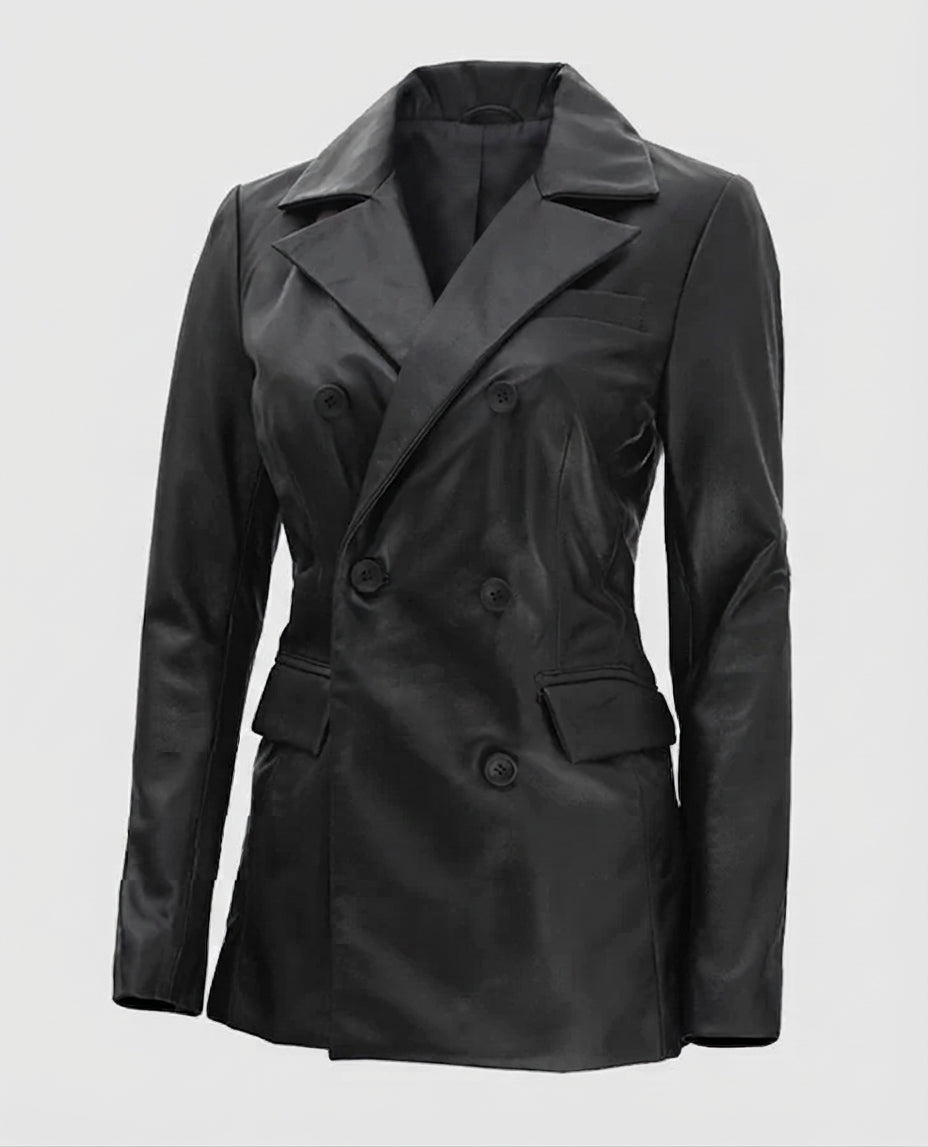Women's Double Breasted Black Leather Blazer – Premium Outerwear