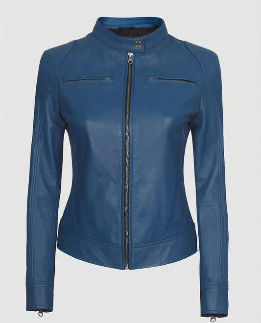 Women's Blue Cafe Racer Leather Jacket – Custom Fit