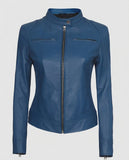Women's Blue Cafe Racer Leather Jacket – Custom Fit
