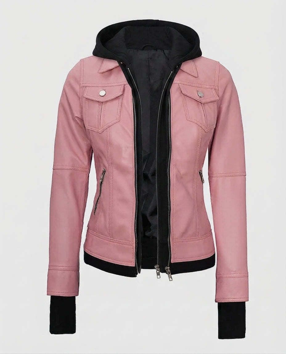 Women's Pink Bomber Leather Jacket with Hood – Premium Outerwear