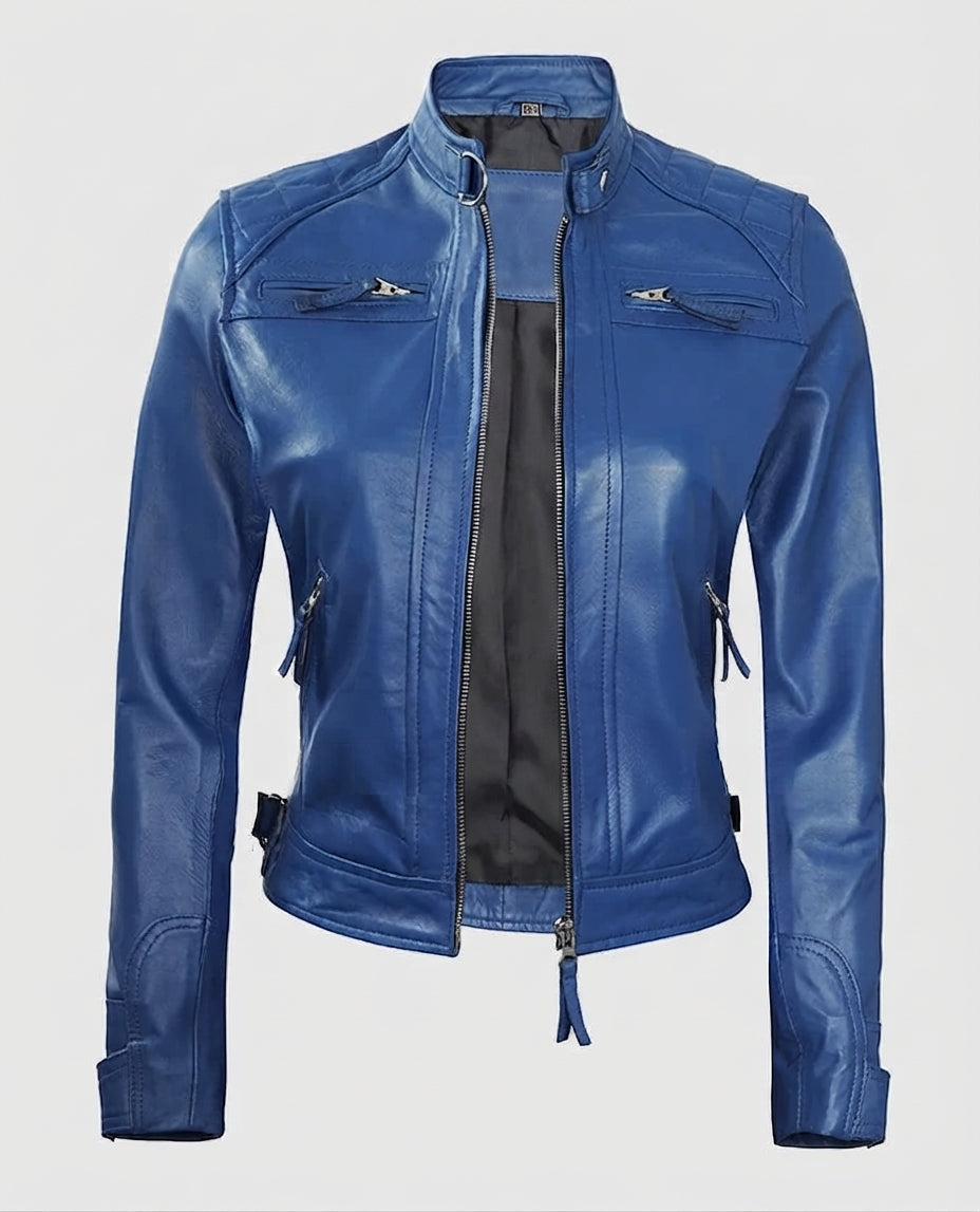 Women's Blue Diamond Cafe Racer Leather Jacket – Premium Outerwear