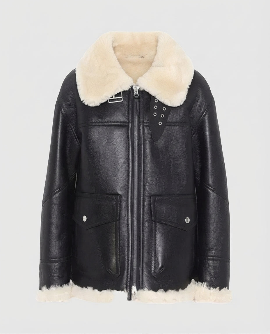 Women's Ivory Cream Aviator Shearling Leather Jacket