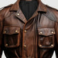 Men's Military Style Vintage Distressed Brown Leather Jacket