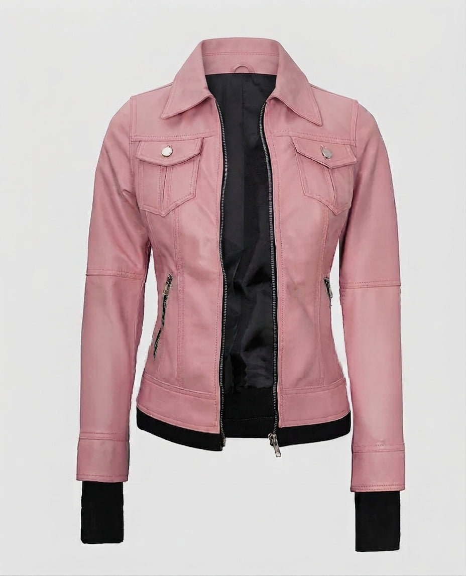 Women's Pink Bomber Leather Jacket with Hood – Premium Outerwear