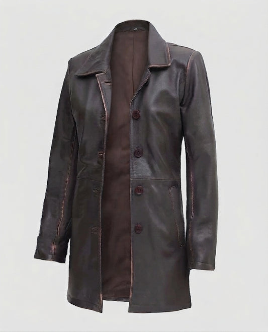 Women's Distressed Dark Brown Leather Coat – Premium Outerwear