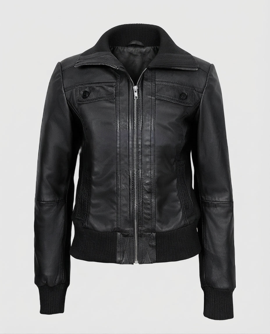 Women's Bomber Black Leather Jacket – Premium Outerwear