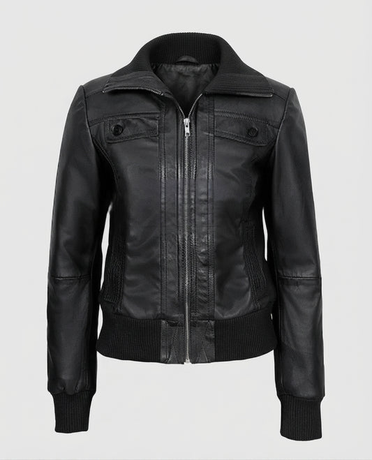 Women's Bomber Black Leather Jacket – Premium Outerwear
