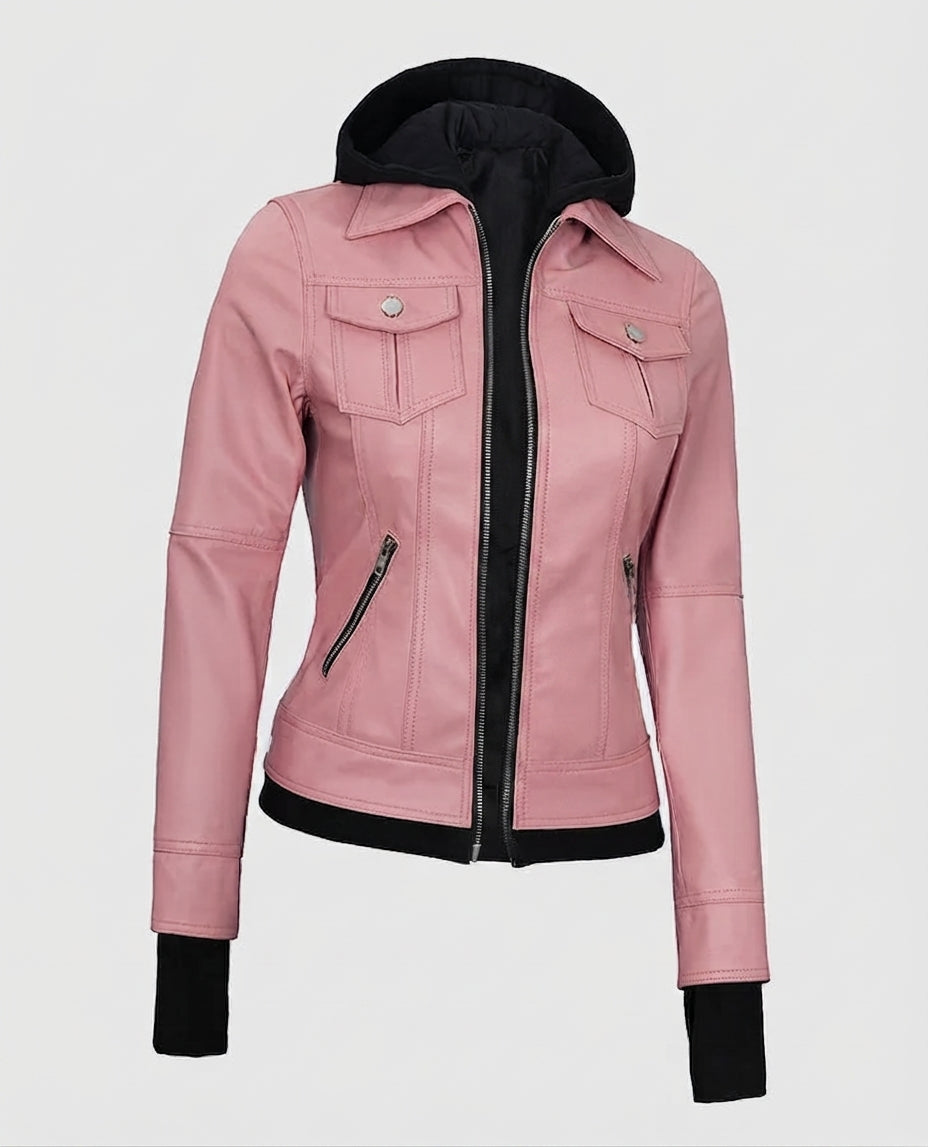 Women's Pink Bomber Leather Jacket with Hood – Premium Outerwear