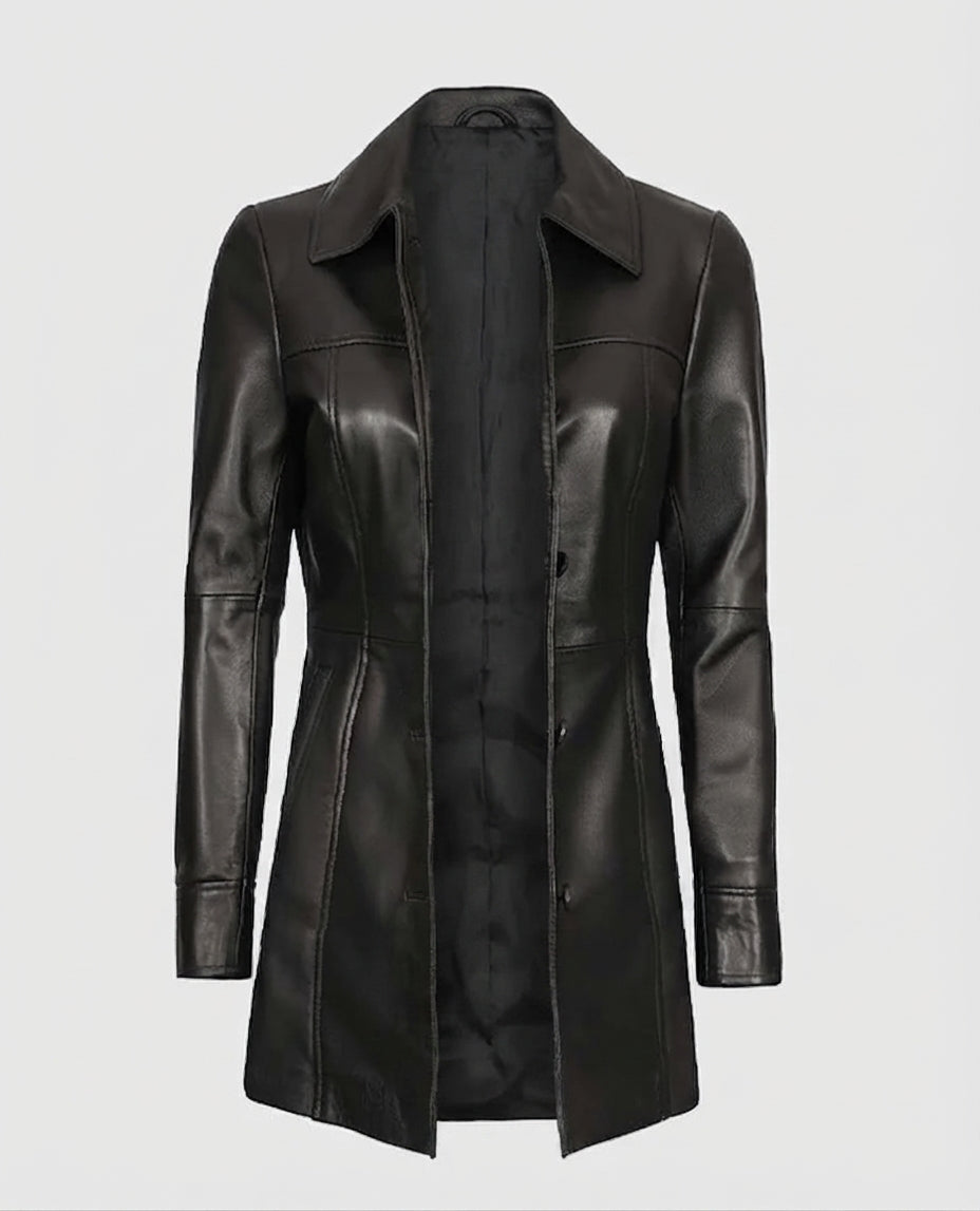 Women's Black Leather Long Coat – Custom Fit | Genuine Leather