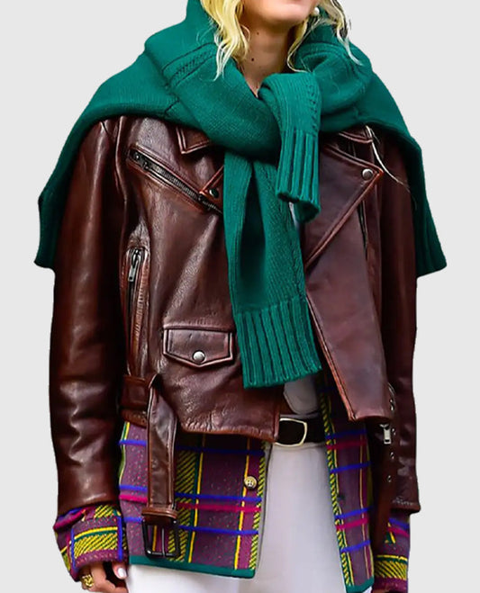 Gigi Hadid Brown Leather Jacket for Women – Custom Fit - front view