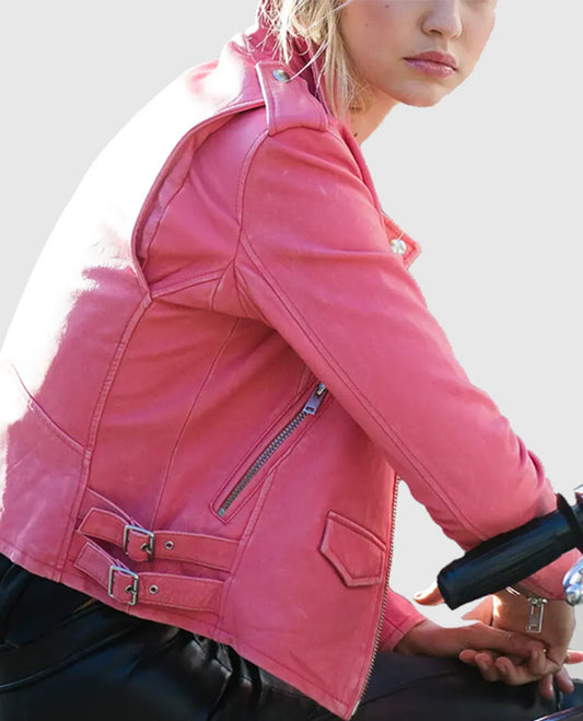 Gigi Hadid Pink Leather Biker Jacket for Women – Custom Fit - side angle view