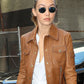 Gigi Hadid Tan Brown Leather Jacket for Women – Custom Fit - front view