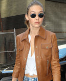 Gigi Hadid Tan Brown Leather Jacket for Women – Custom Fit - front view