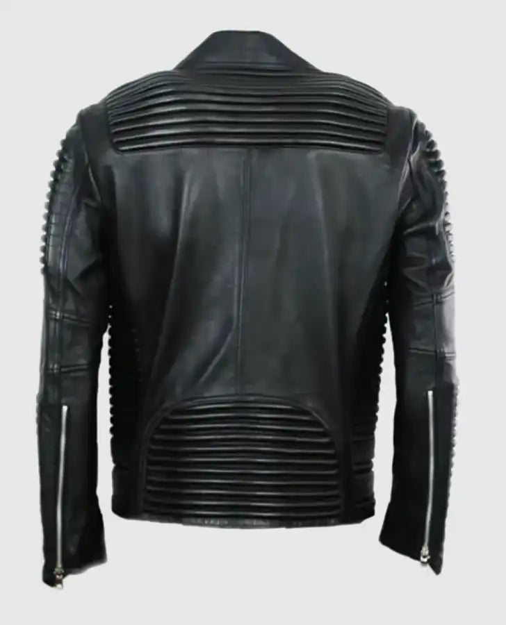 Men's Godspeed Motorcycle Padded Black Leather Jacket - back view