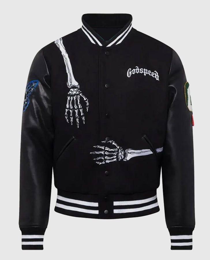 Godspeed Skull Rod Halloween White & Black Leather Jacket for Men - front view